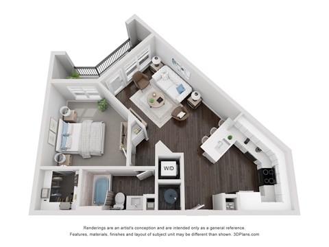 Floor plan for 1 bed, 1 bath, 722 sqft